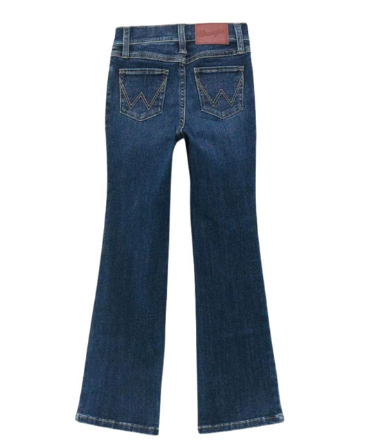 Back view of the girl's boot cut jean featuring the medium wash and an adjustable waistband in sizes 4-6x