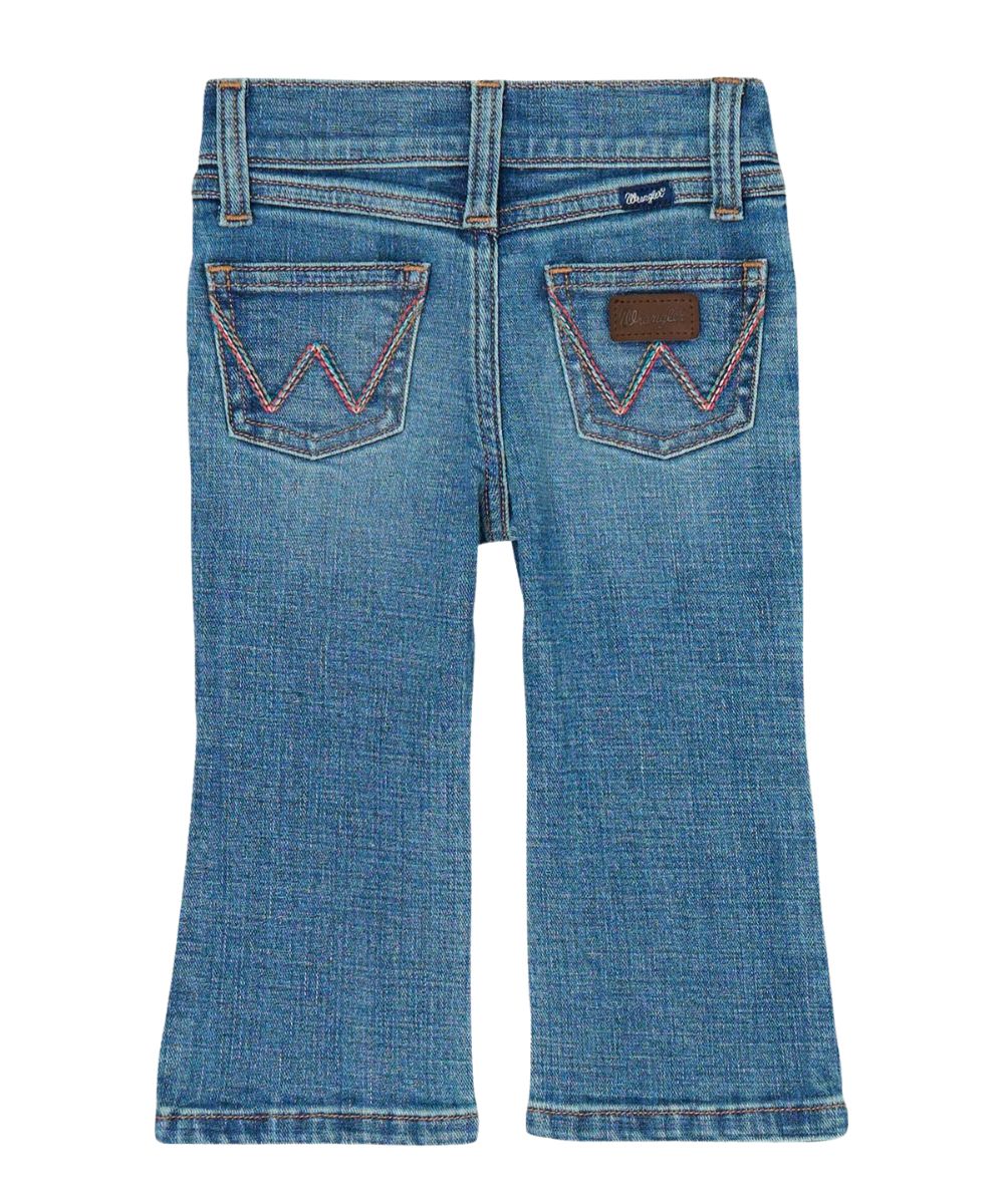 Back view of the little girl's medium wash boot cut jean featuring the internal adjustable waistband