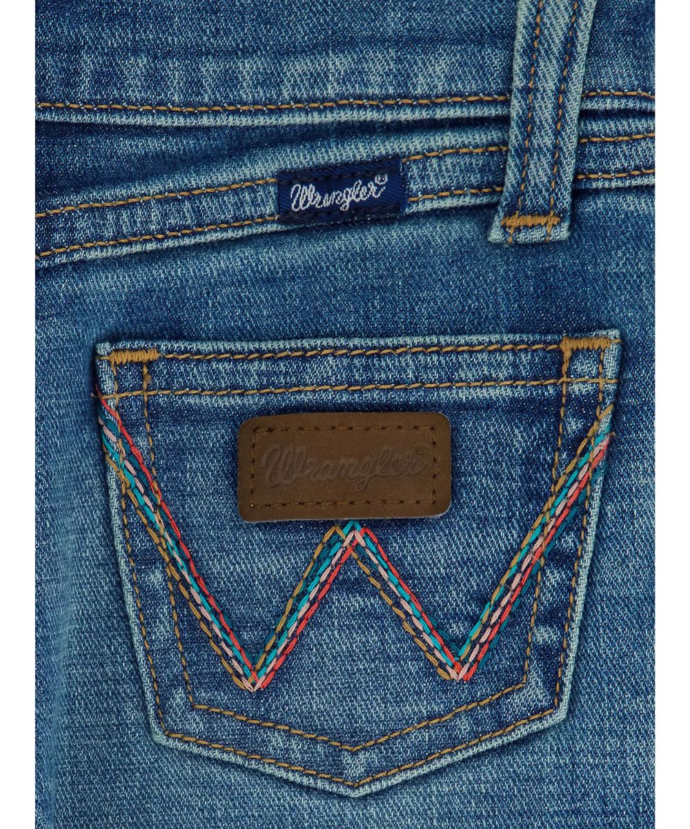 Close-up view of the contrast stitched 'w' logo back pockets with a leather logo patch