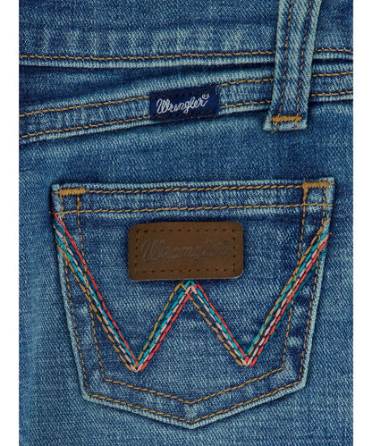 Close-up view of the contrast stitched 'w' logo back pockets with a leather logo patch