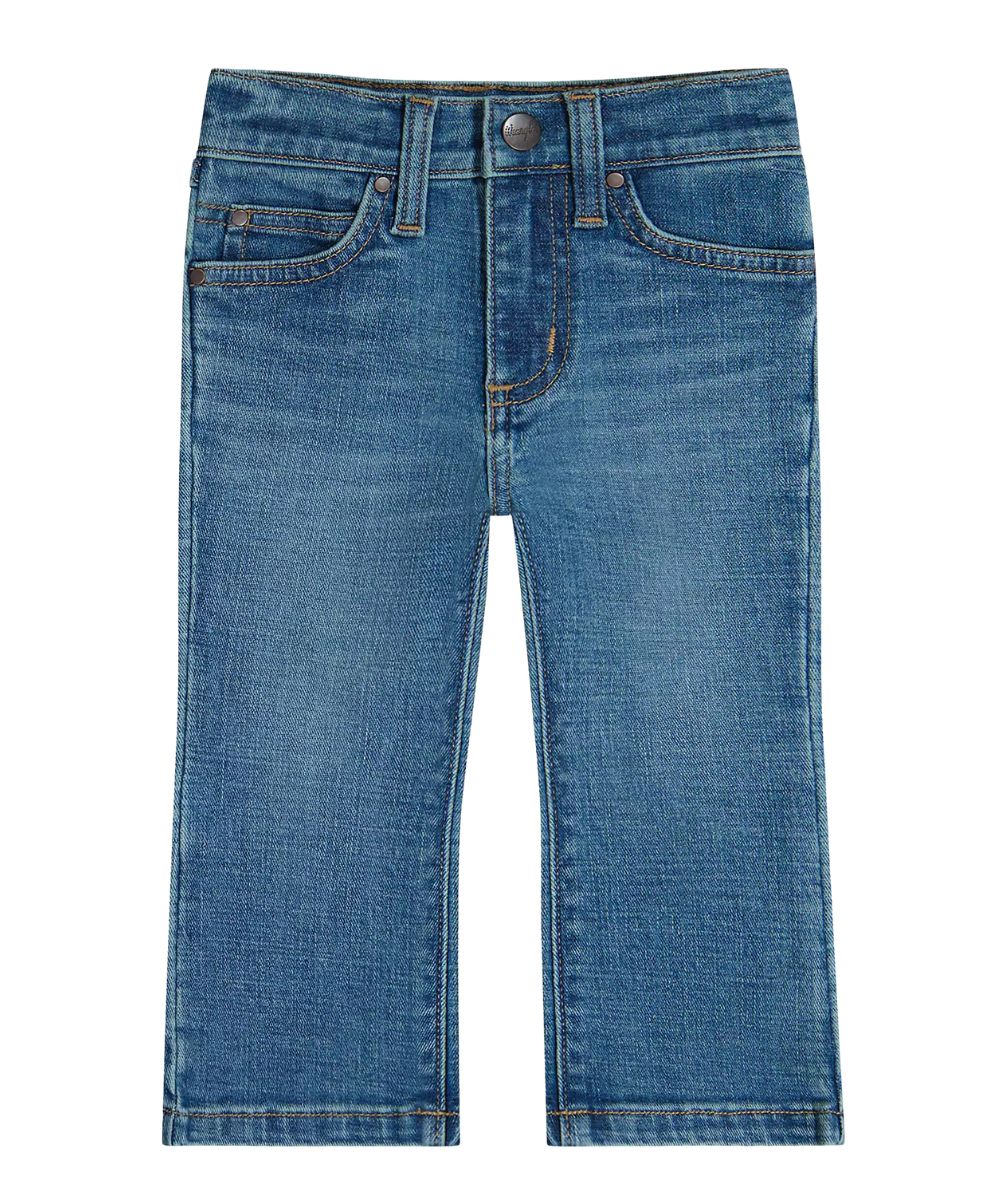 Front view of the little girl's w stitched boot cut jean featuring the medium wash
