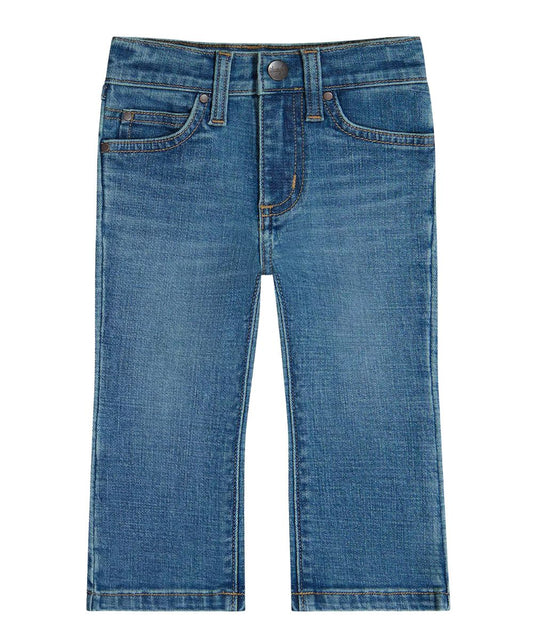 Front view of the little girl's w stitched boot cut jean featuring the medium wash