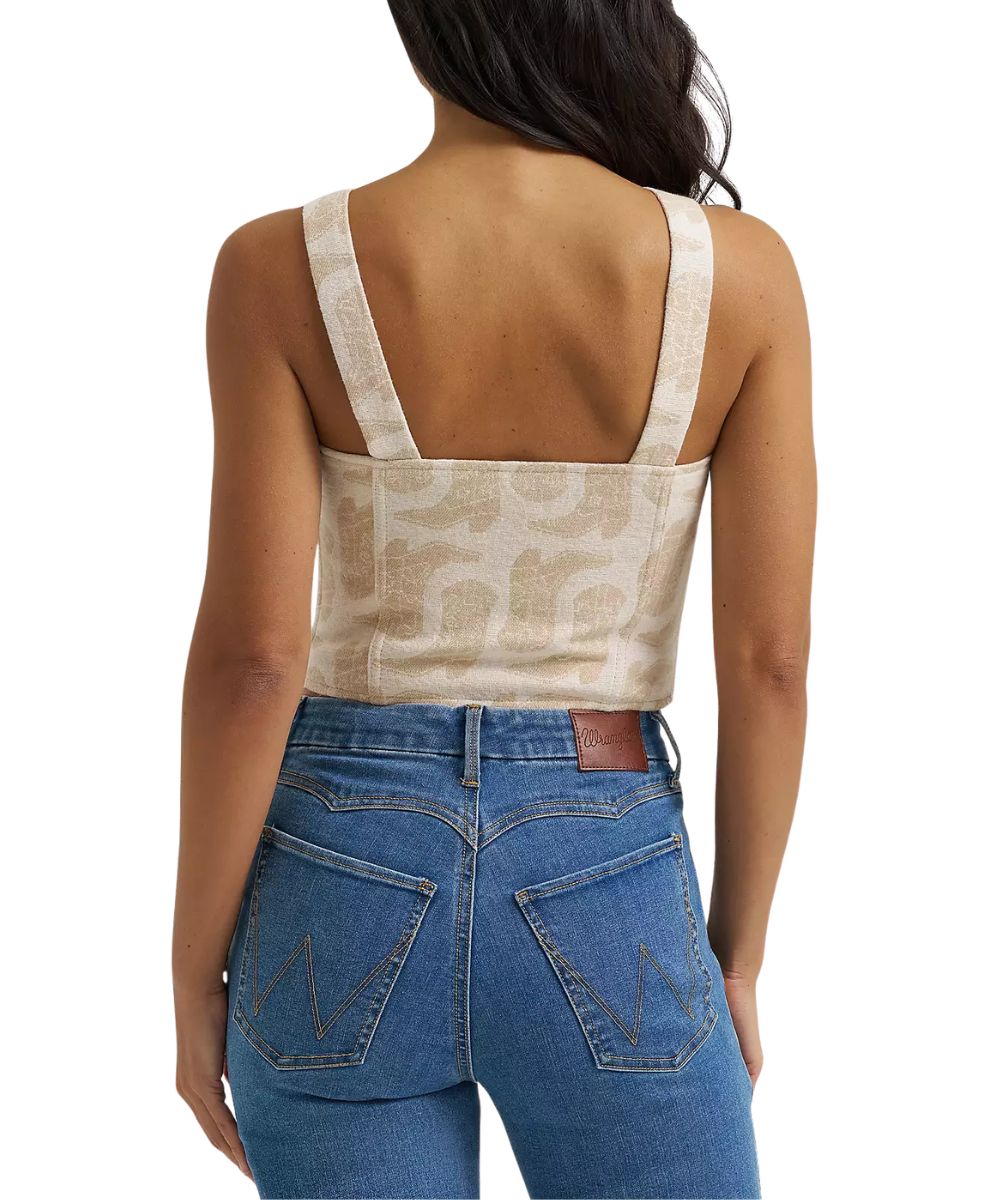 Back view of the women's white sleeveless corset tank featuring the beige cowgirl boot print