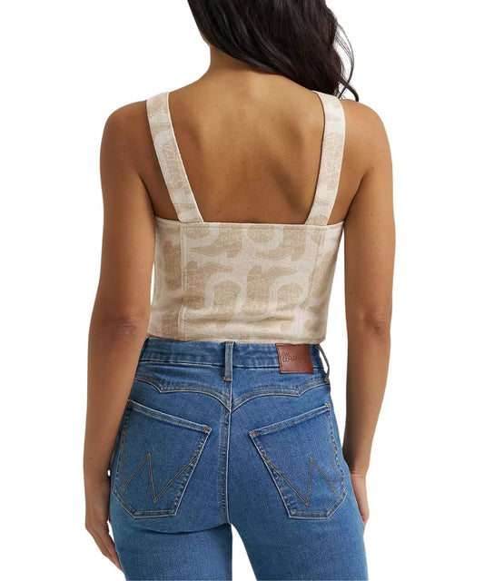 Back view of the women's white sleeveless corset tank featuring the beige cowgirl boot print