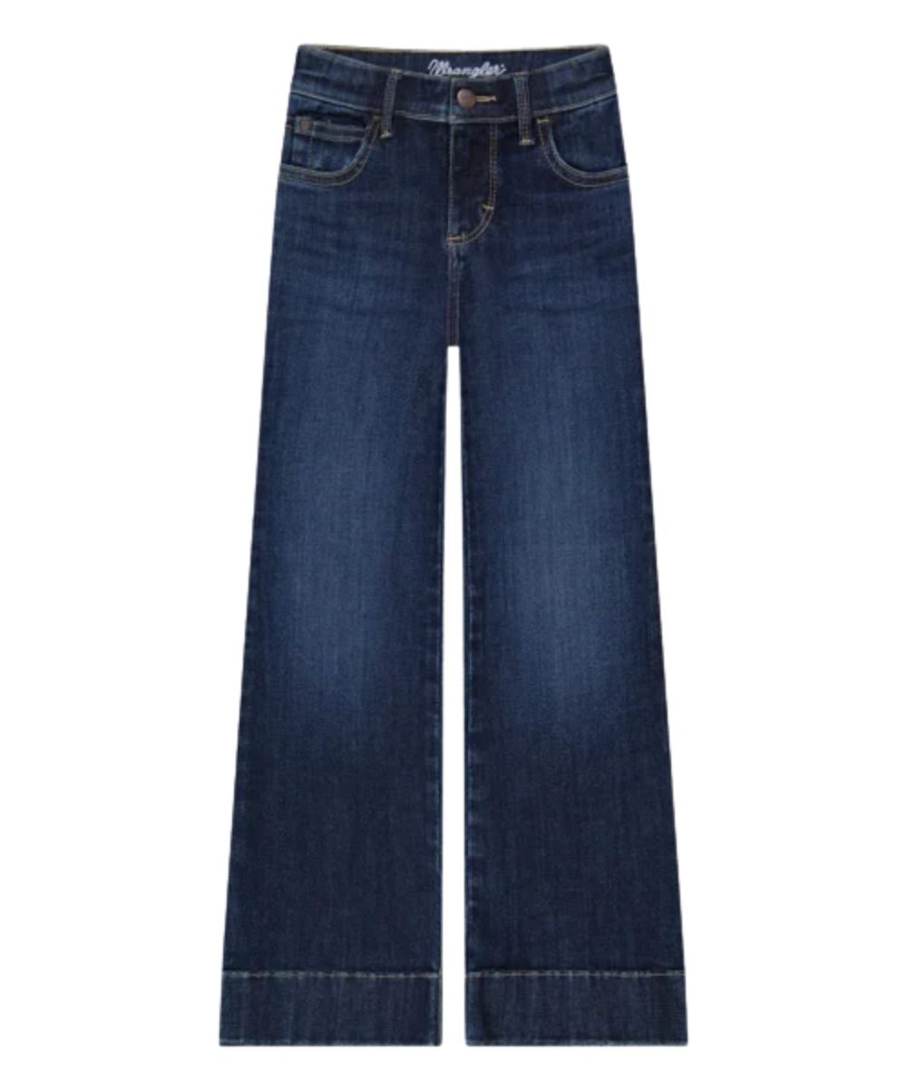 Front view of the girl's high rise slim fit trouser jean in a dark wash