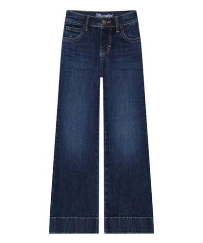 Front view of the girl's high rise slim fit trouser jean in a dark wash