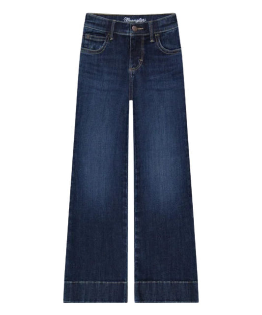 Front view of the girl's high rise slim fit trouser jean in a dark wash