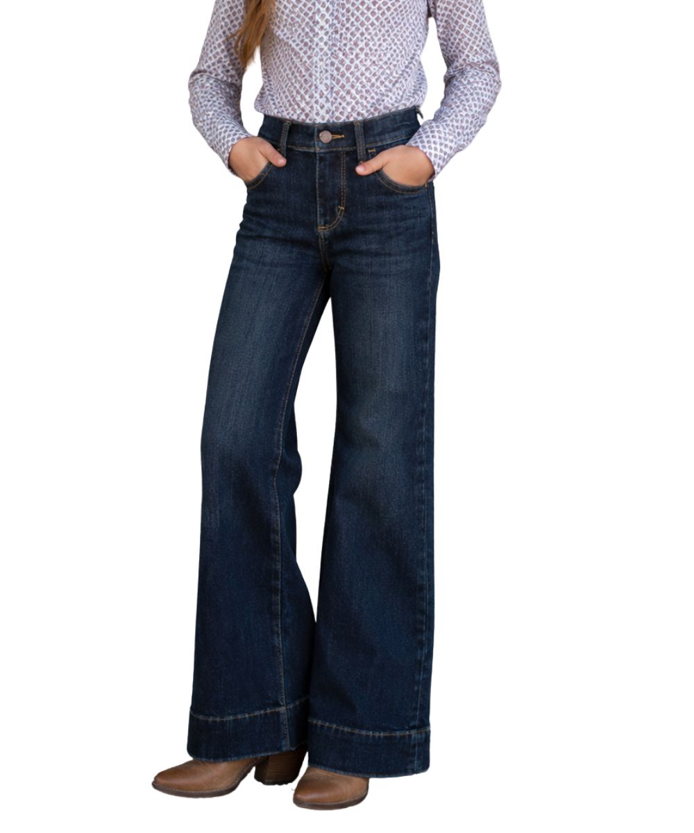 Model view of the girl's dark wash alexandra trouser jean