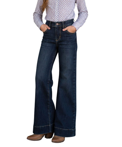 Model view of the girl's dark wash alexandra trouser jean