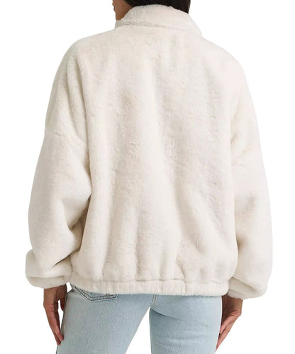 Back view of the women's white faux fur jacket featuring the relaxed fit, dropped shoulders, and elastic cuffs and hem