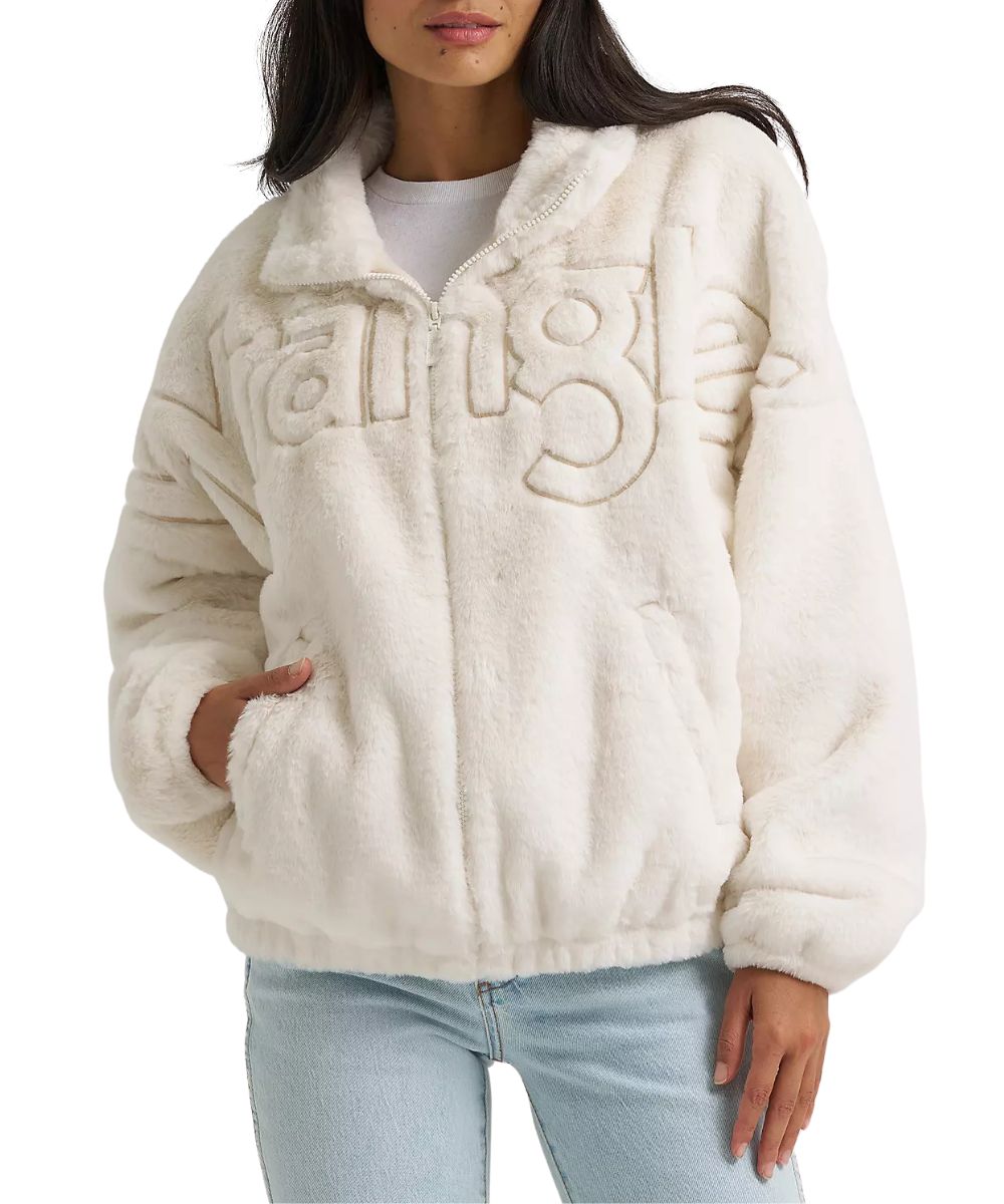 Front view of the women's white Wrangler Faux Fur Jacket featuring the logo embroidery across the chest and sleeves, zip closure, and angled hand pockets