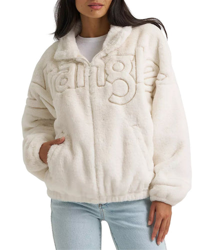 Front view of the women's white Wrangler Faux Fur Jacket featuring the logo embroidery across the chest and sleeves, zip closure, and angled hand pockets