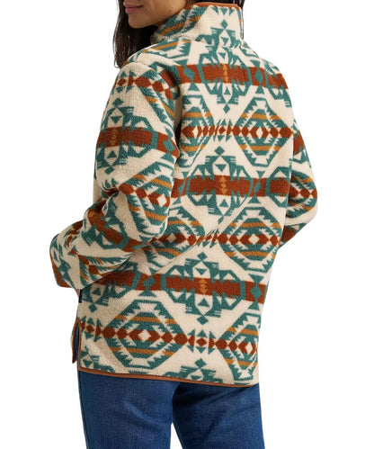 Back view of the women's sherpa pullover featuring the southwestern-inspired design in brown and turquoise