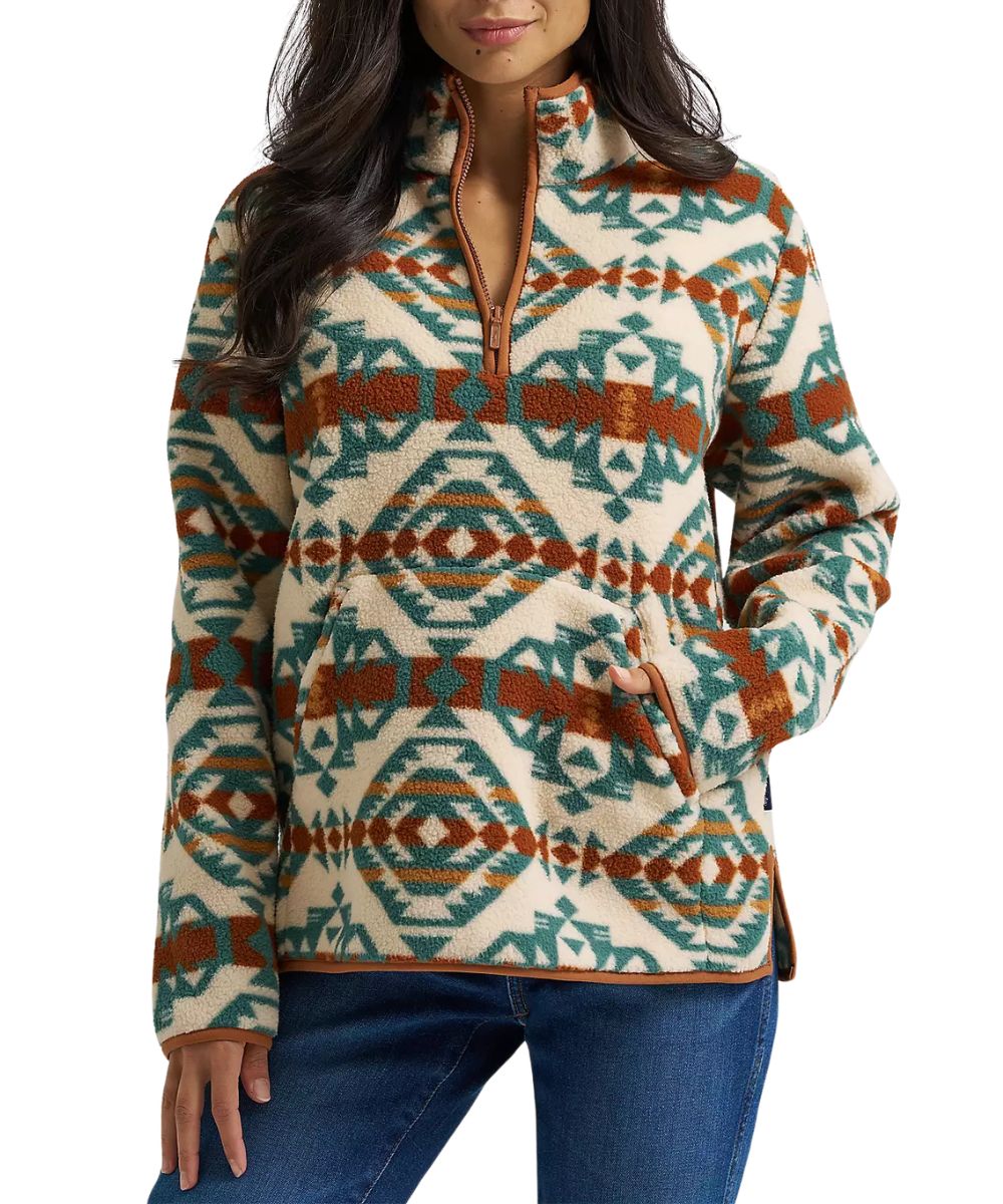 Front view of the women's Wrangler High Plains Sherpa Zip Pullover in pale prairie featuring the southwestern print, 1/4 zip, and hand pockets