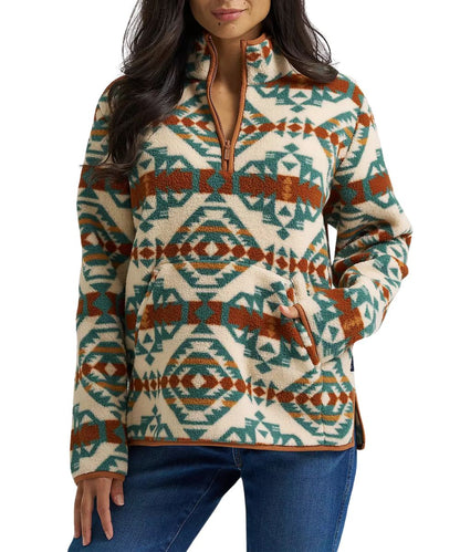 Front view of the women's Wrangler High Plains Sherpa Zip Pullover in pale prairie featuring the southwestern print, 1/4 zip, and hand pockets