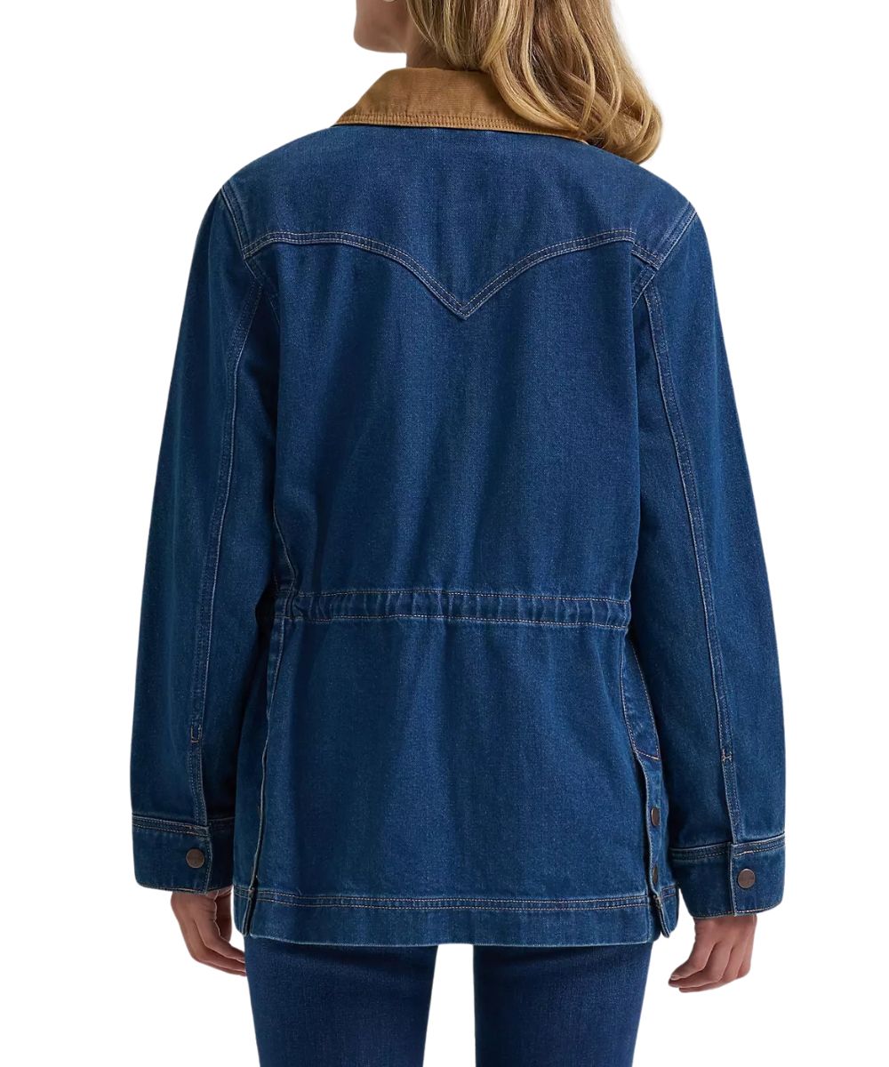 Back view of the women's denim barn coat featuring the single point western yoke, adjustable cinched waist, snap cuffs, and saddle vents