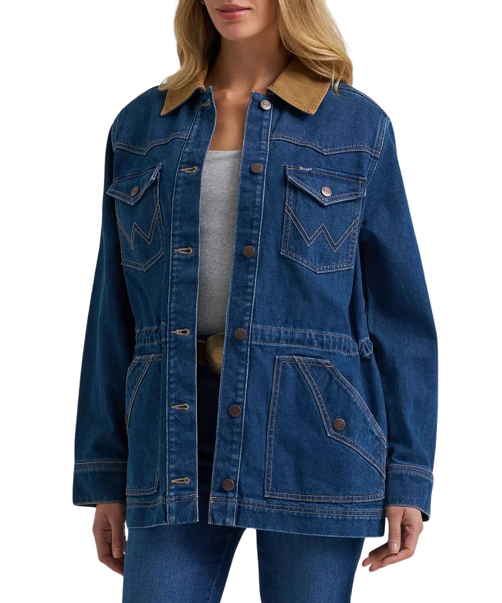 Front view of the women's dark wash Wrangler Denim Cinched Waist Barn Coat featuring the spread canvas collar, hand pockets, chest pockets, and button closure