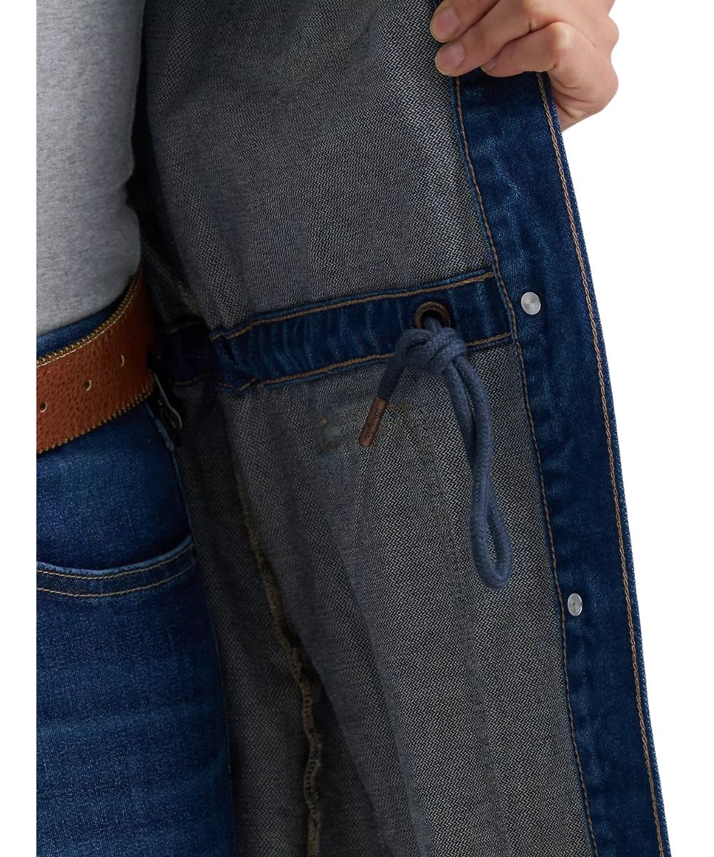 Close-up view of the unlined interior and the adjustable cinched waist