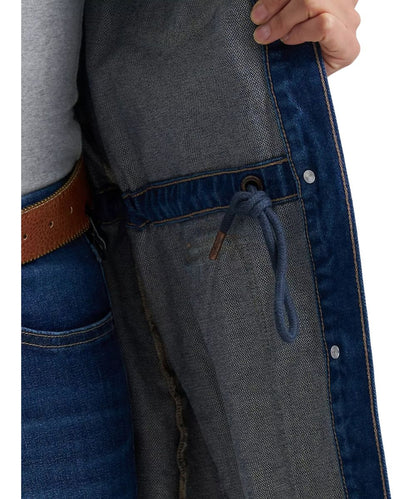 Close-up view of the unlined interior and the adjustable cinched waist