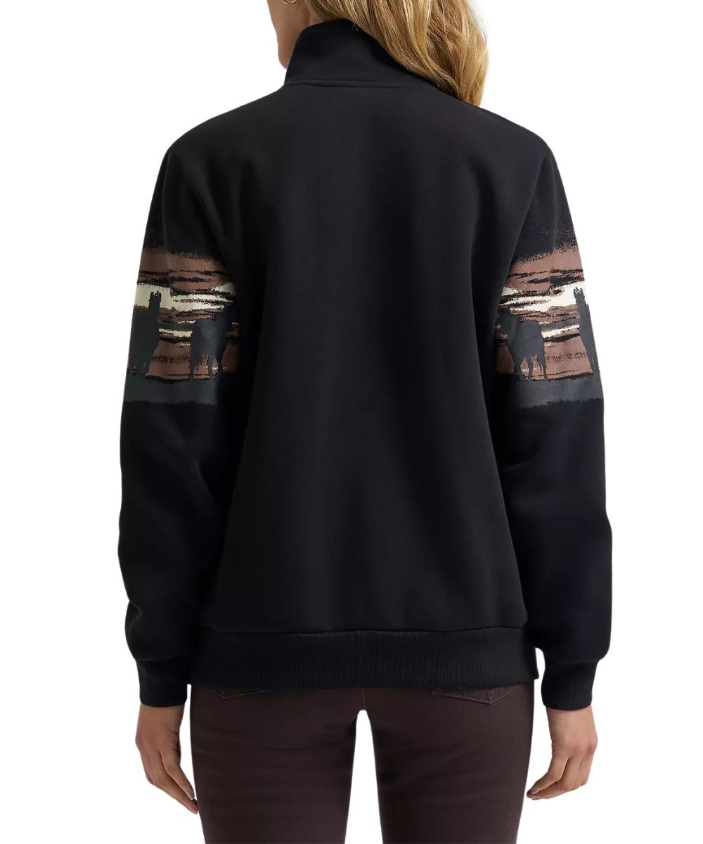 Back view of the women's black 1/4 zip pullover featuring a mock collar and ribbed trim
