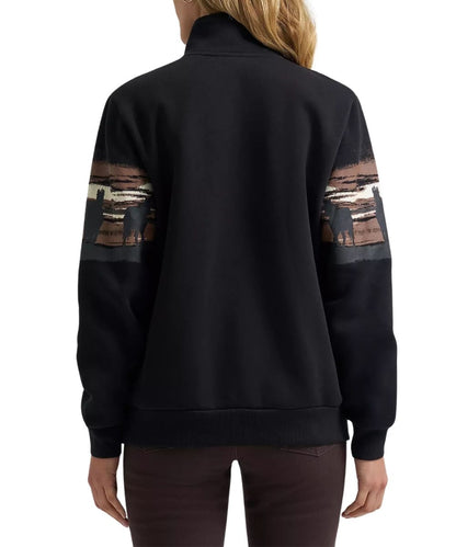 Back view of the women's black 1/4 zip pullover featuring a mock collar and ribbed trim