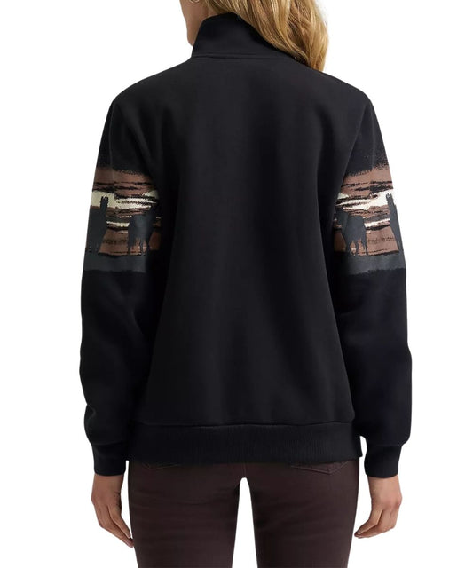 Back view of the women's black 1/4 zip pullover featuring a mock collar and ribbed trim