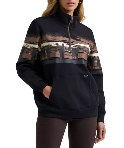 Front view of the women's Wrangler Wild West Black 1/4 Zip Pullover featuring the kangaroo pocket and horse graphic printed across the chest and sleeves