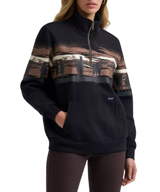 Front view of the women's Wrangler Wild West Black 1/4 Zip Pullover featuring the kangaroo pocket and horse graphic printed across the chest and sleeves