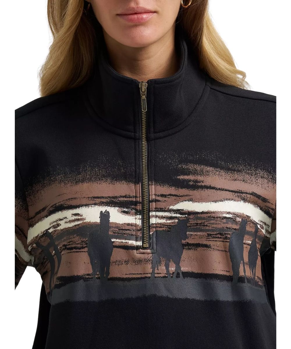 Close-up view of the horse graphic printed across the chest, mock collar, and 1/4 zip closure