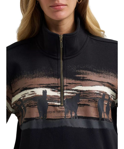 Close-up view of the horse graphic printed across the chest, mock collar, and 1/4 zip closure