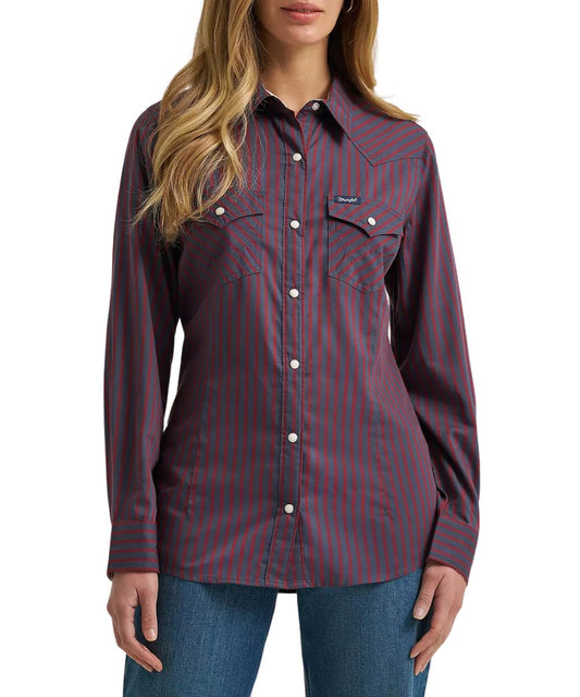 Front view of the women's Wrangler Olivia Western Slim Snap Shirt featuring the burgundy striped print and chest pockets