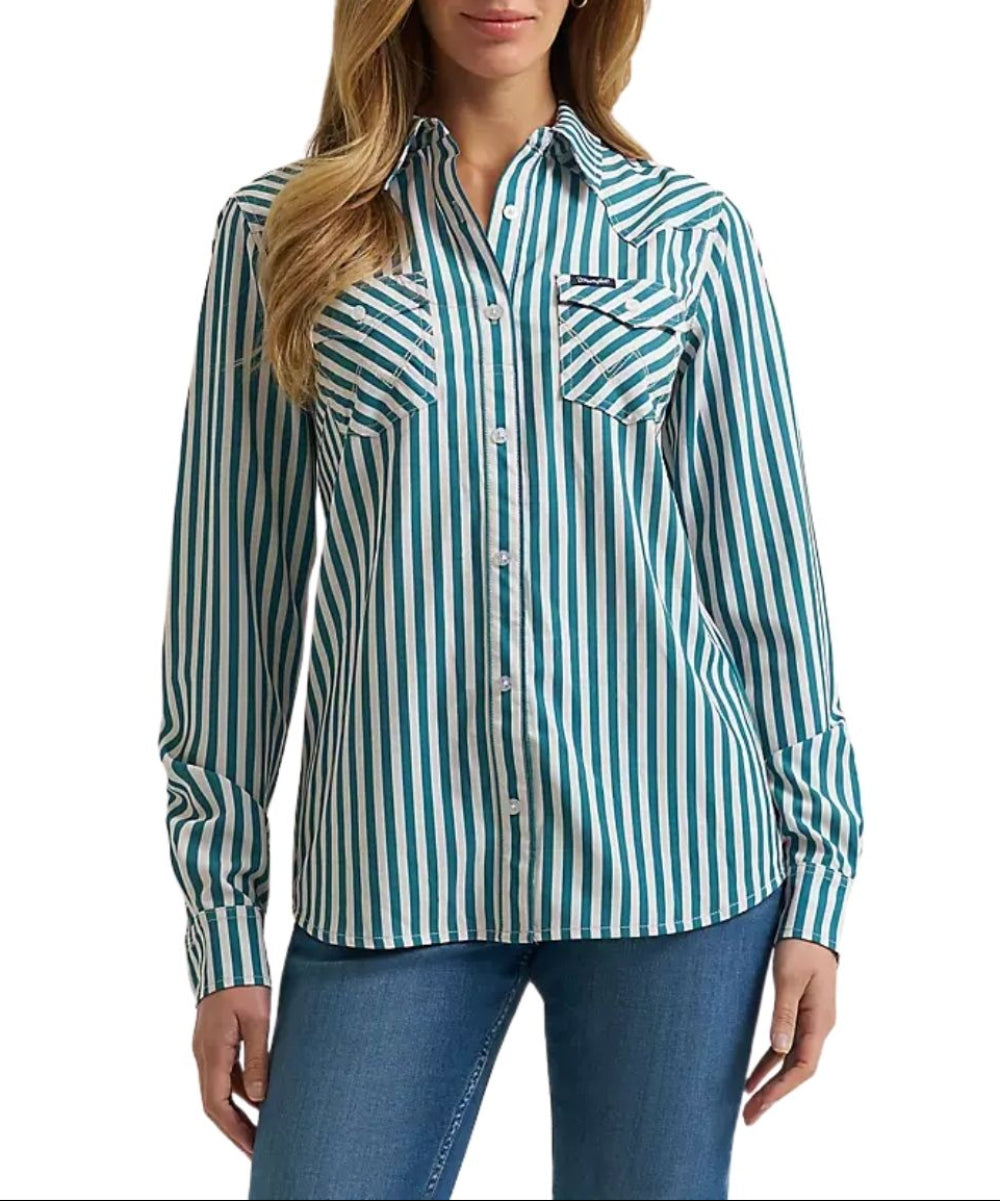 Front view of the women's Wrangler Ariat Performance Shirt featuring the green and white striped print and the faux button placket