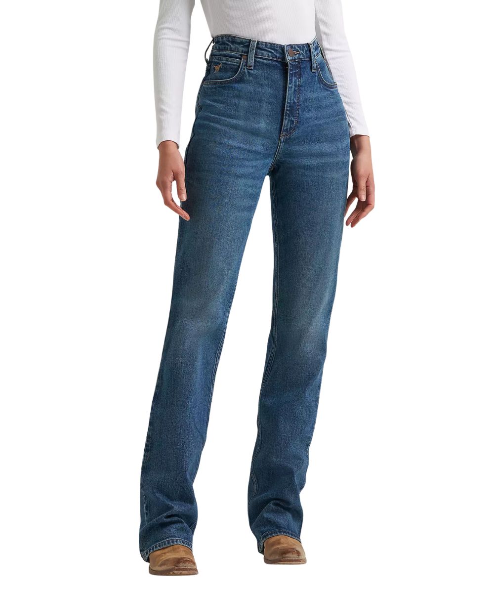 Front view of the women's Wrangler High Rise Rodeo Boot Cut Riding Jean in an emmy medium wash 