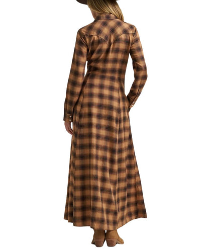 A woman shown from the back wearing a long-sleeve plaid midi dress in brown and tan tones, paired with brown boots against a plain white background.