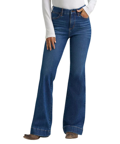 Front view of the women's Wrangler Bespoke High Rise Slim Fit Reina Dark Wash Trouser Jean