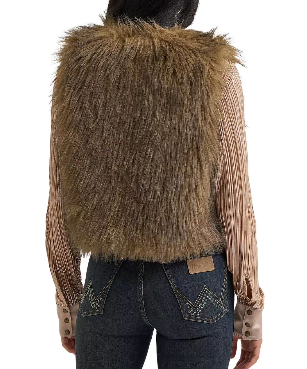 Back view of the women's brown faux fur vest featuring the cropped silhouette