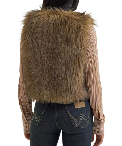 Back view of the women's brown faux fur vest featuring the cropped silhouette