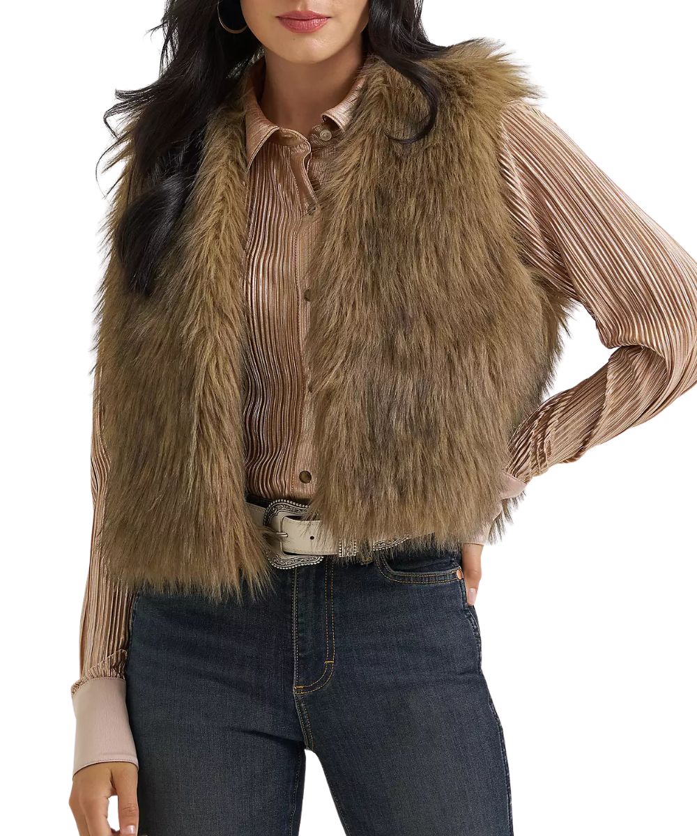 Front view of the women's Wrangler Lainey Wilson Faux Fur Brown Vest featuring the open front and v-neckline