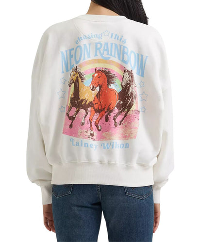 Back view of the women's Wrangler Lainey Wilson Neon Rainbow Sweatshirt featuring the horse artwork screen-printed on the back in neon hues with lyrics from Lainey Wilson's song that reads: "Chasing This Neon Rainbow"