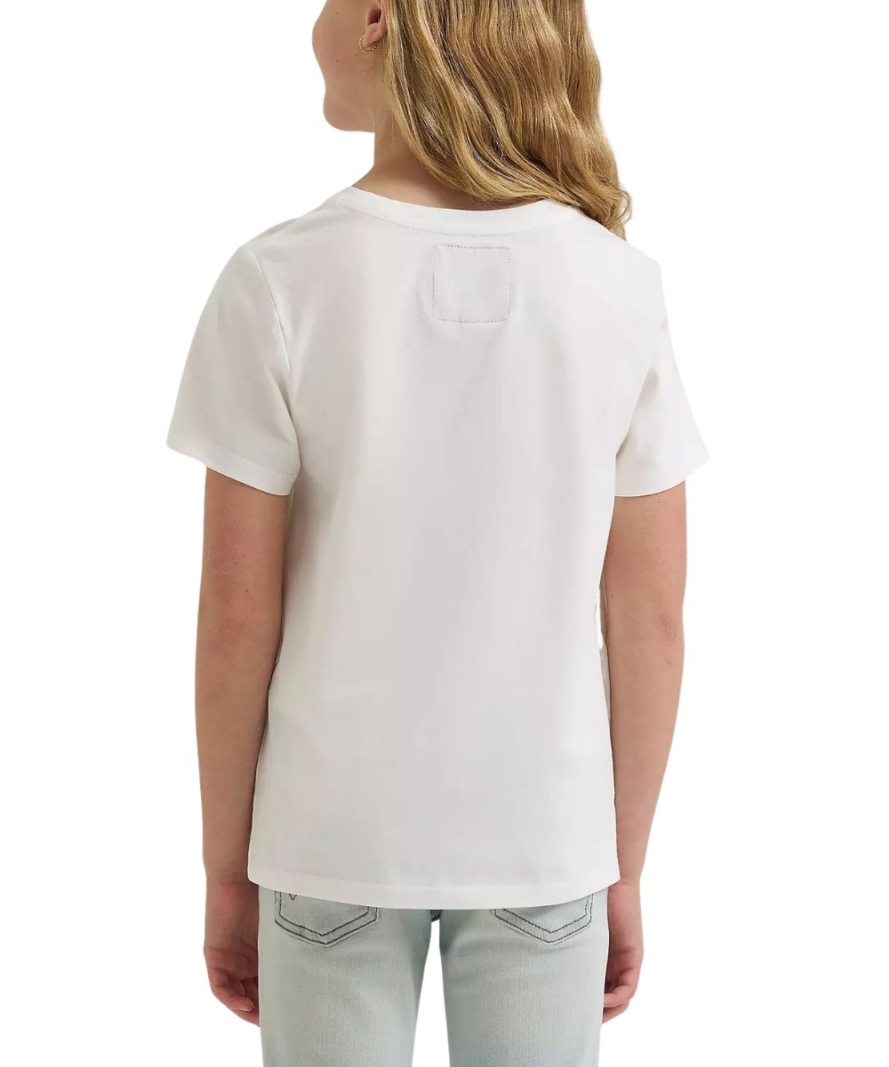 A child model shown from the back wearing a plain white short-sleeve crewneck T-shirt and light-wash jeans against a clean white studio background.