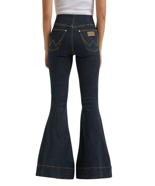 Back view of the women's sandrider pintuck bell bottom jean featuring the two back pockets with logo stitching and leather logo patch