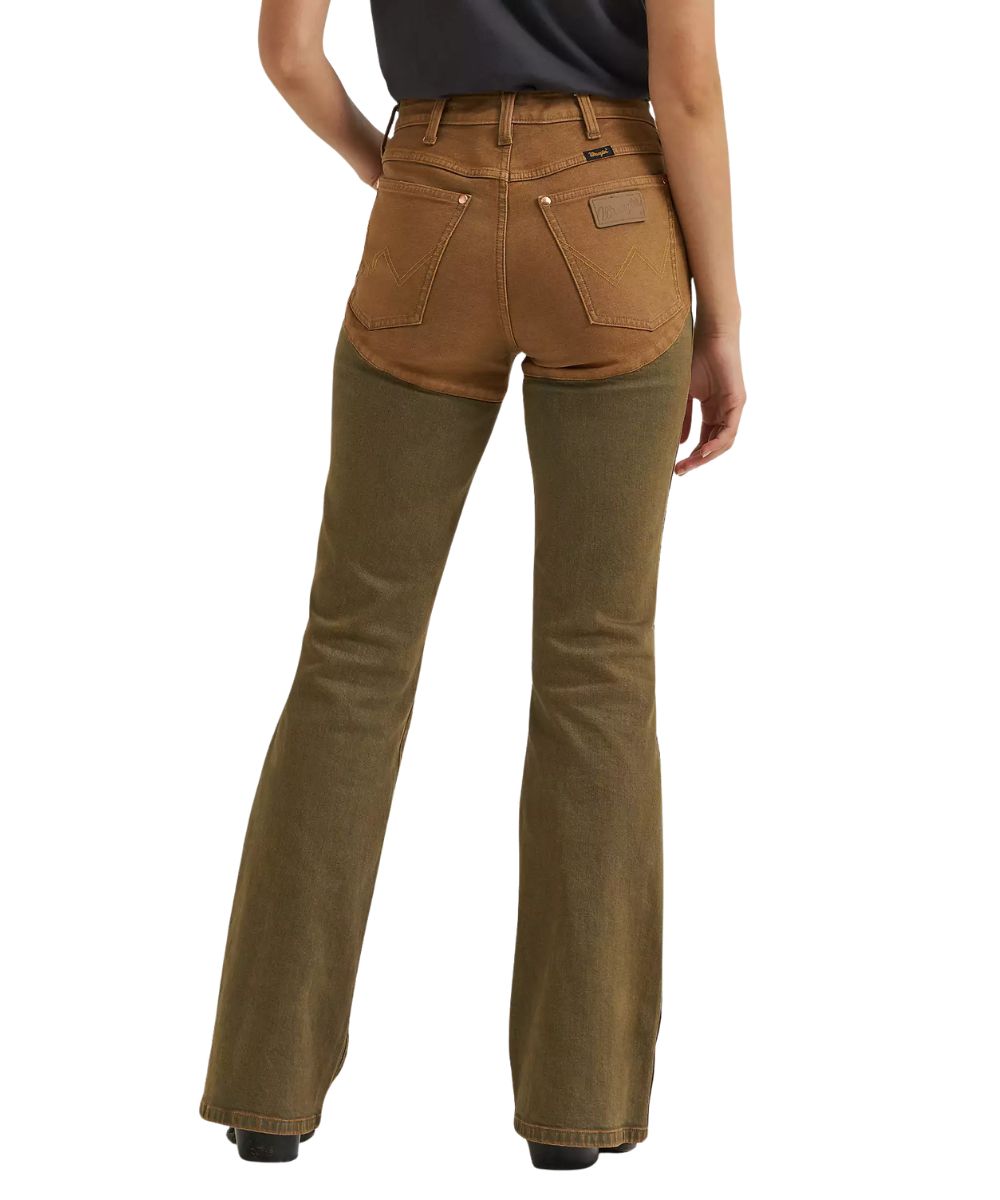 Back view of the women's brown flare jean featuring the slim fit and high rise