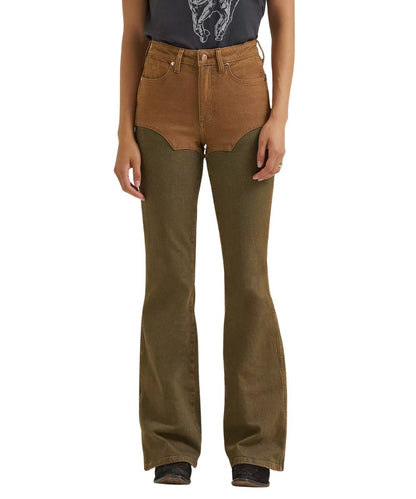 Front view of the women's Wrangler Lainey Wilson Pieced Chaps Flare Jean in a two-tone chap-inspired design with rich brown hues