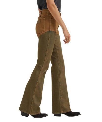 Side view of the women's brown chap jean featuring the flare leg with a 22.5" leg opening and finished hem