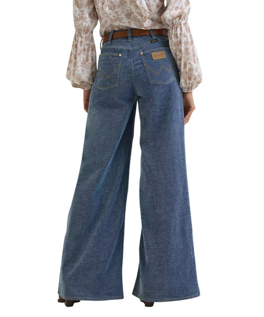 Back view of the women's Lainey Wilson cheeky wide leg jean featuring the high-stretch cotton blend