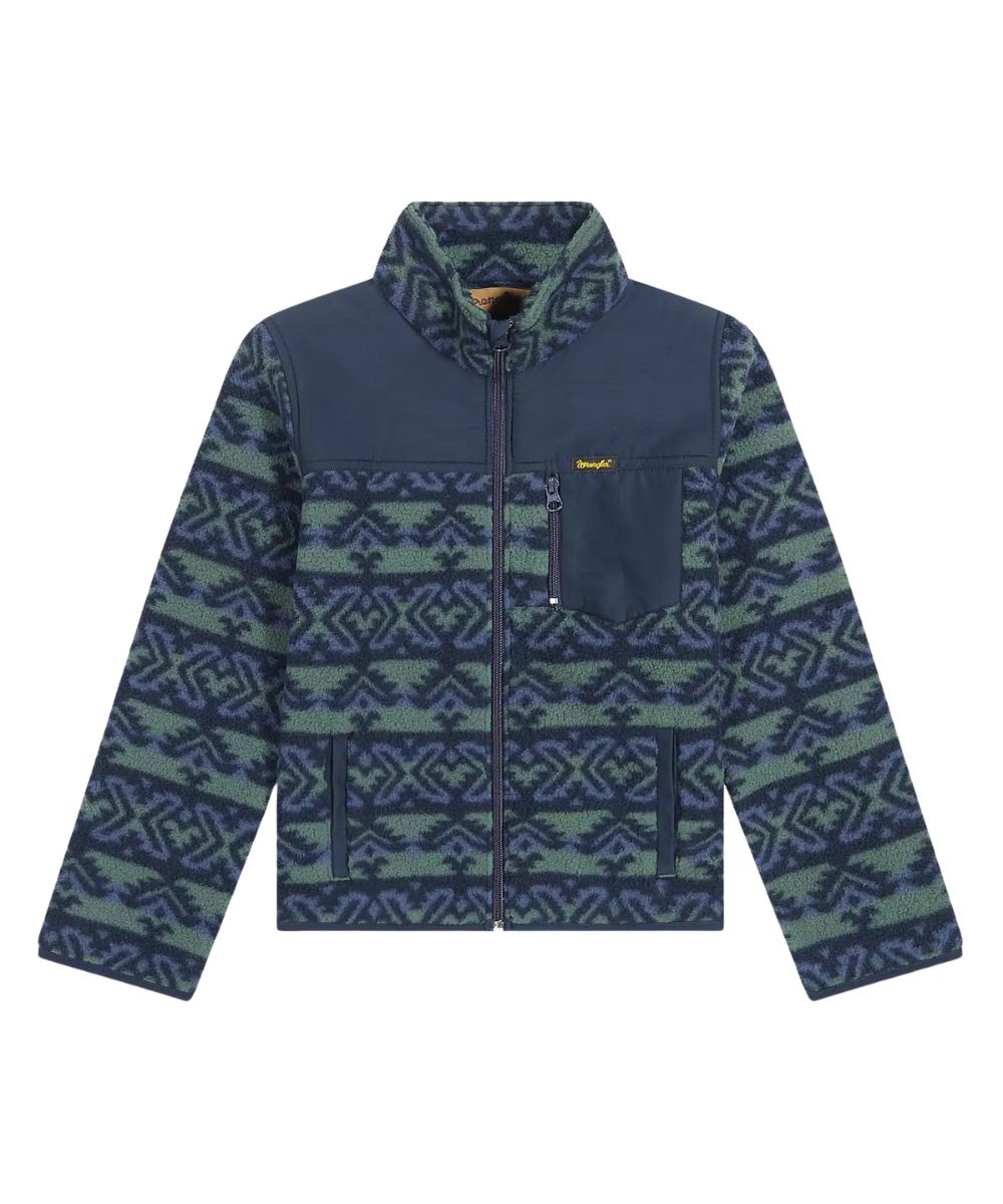A fleece jacket with a dark navy blue base and a green geometric pattern on the sleeves and lower body, featuring a solid navy chest and shoulder panel, a front zipper, and a small yellow logo on the chest pocket.