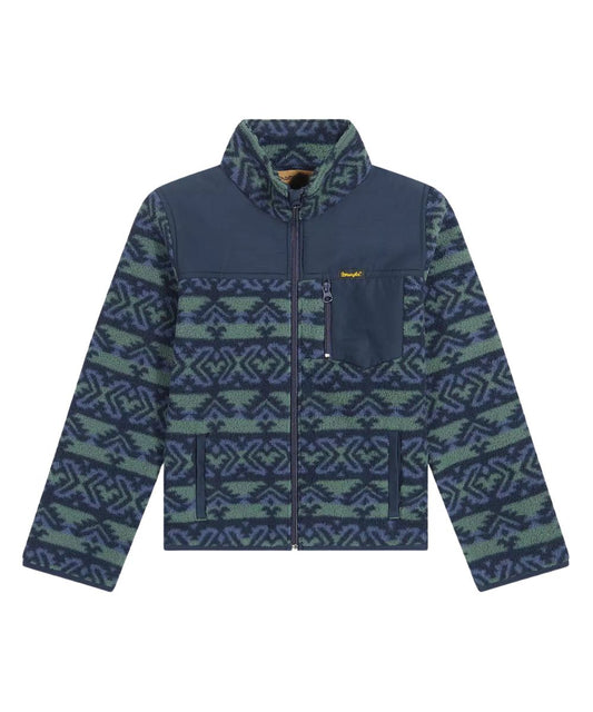 A fleece jacket with a dark navy blue base and a green geometric pattern on the sleeves and lower body, featuring a solid navy chest and shoulder panel, a front zipper, and a small yellow logo on the chest pocket.