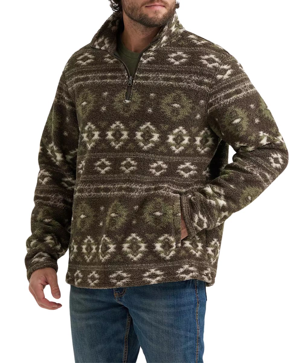 Front view of the men's black olive Wrangler 1/4 zip sherpa pullover featuring the hay away technology that repels debris, hay, and grass, hand pockets, a stand-up collar, and 1/4 zip closure
