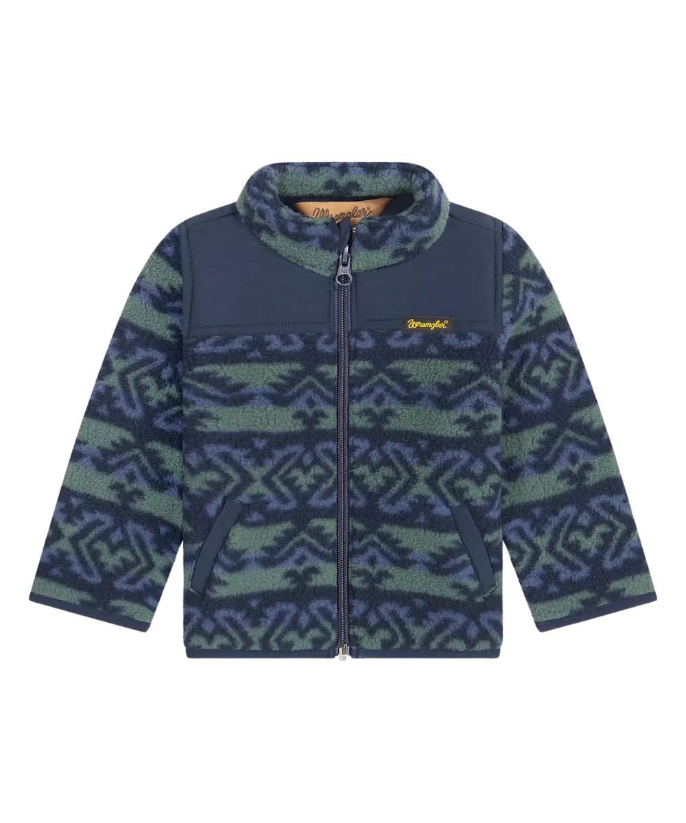 Front view of the little boy's green Wrangler Hay Away Full Zip Sherpa Jacket featuring the long sleeves, side entry welt hand pockets, RipStop fabric at the yoke, western-inspired print, and debris-resistance from hay, mulch, grass, and straw