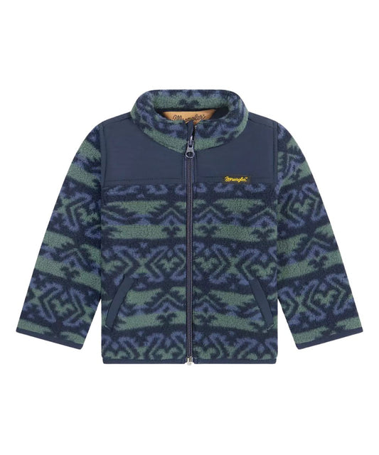 Front view of the little boy's green Wrangler Hay Away Full Zip Sherpa Jacket featuring the long sleeves, side entry welt hand pockets, RipStop fabric at the yoke, western-inspired print, and debris-resistance from hay, mulch, grass, and straw